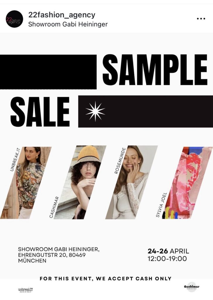 Ankündigung eines Sample Sales der 22fashion agency in München mit verschiedenen Fashion- und Designerlabels.